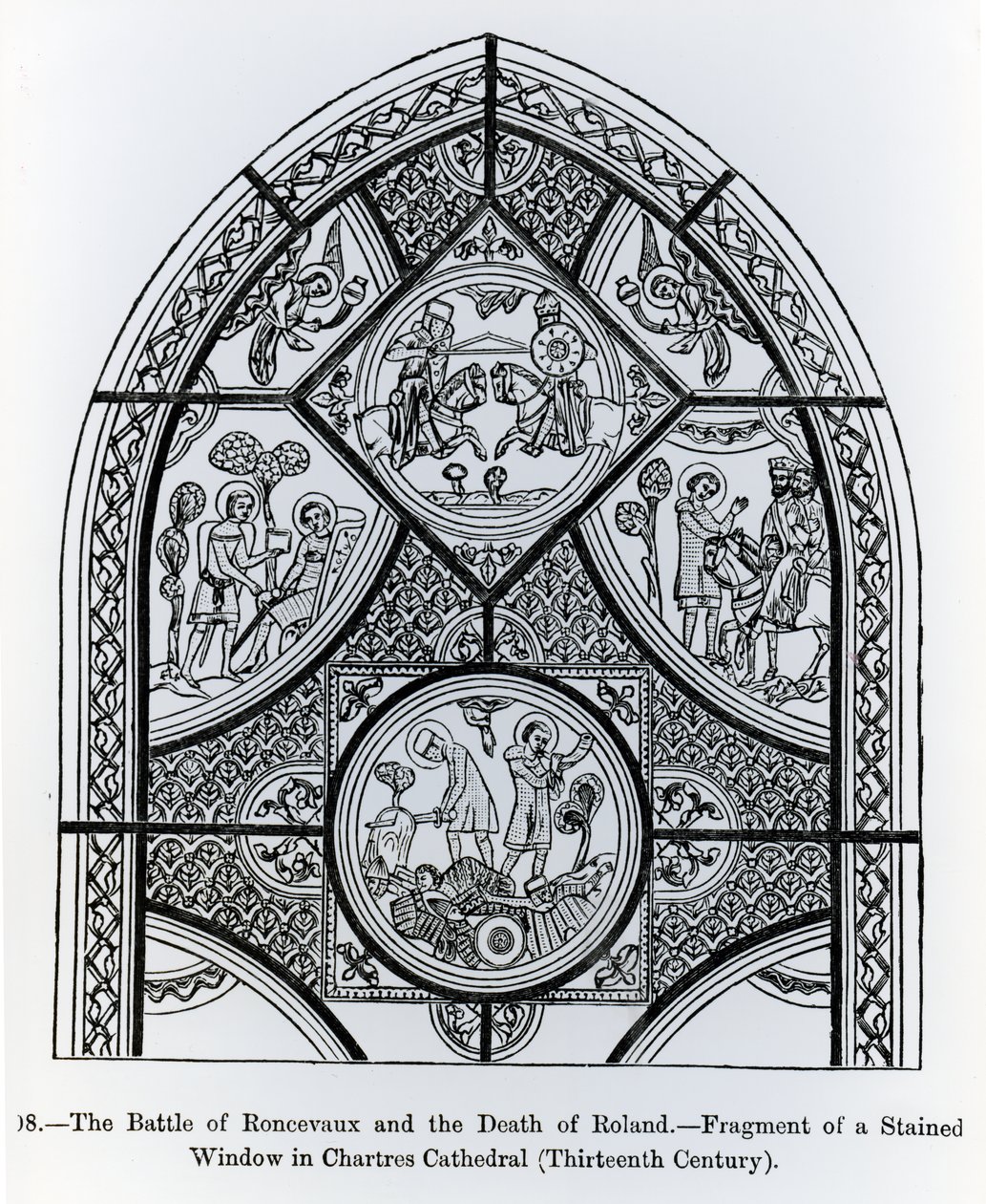 Fragment av ett målat glasfönster i Chartres katedral, föreställande slaget vid Roncevaux och Rolands död, illustration från vetenskap och litteratur under medeltiden och renässansen, författare av French School