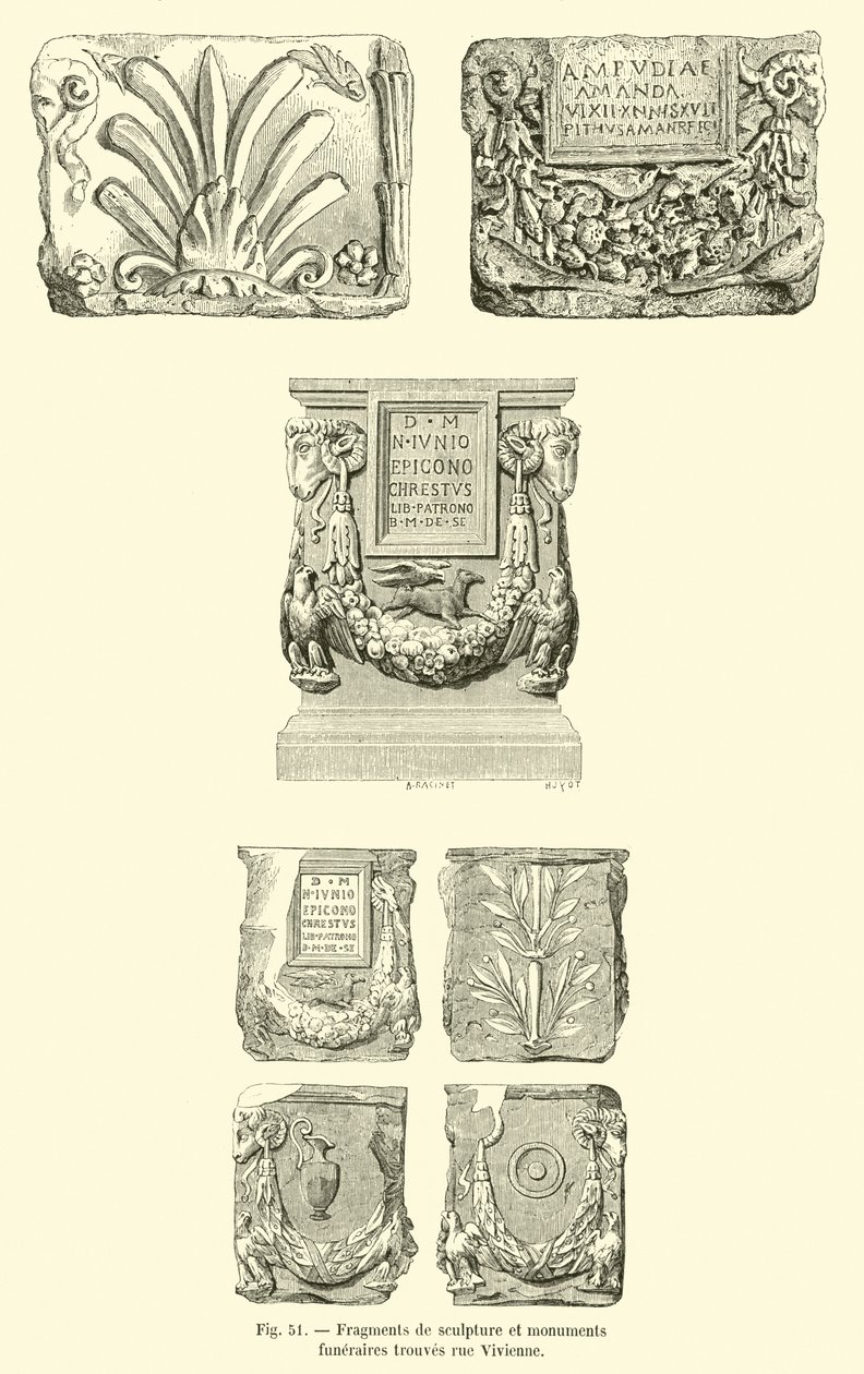 Fragment av skulpturer och gravmonument funna på rue Vivienne (gravyr) av French School