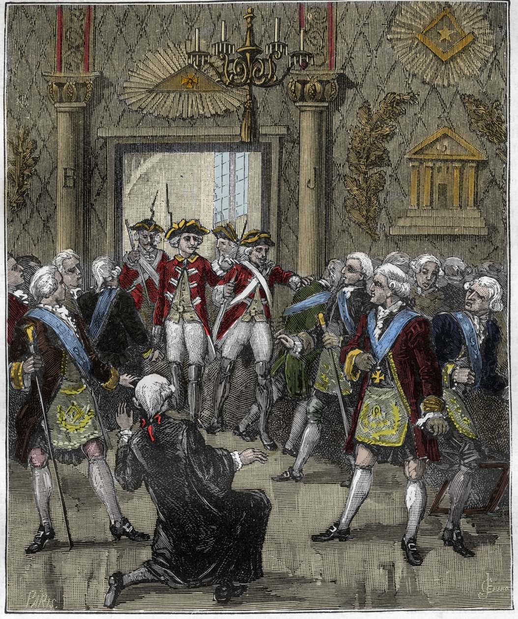 Franc-Maconnerie (Franc Maconnerie) på Hotel de Soisson i Paris i juni 1745: Franco-macon-ceremonin avbröts av ankomsten av en poliskommissarie. Gravyr i "" Paris genom århundradena "", Gourdon de Kenouillac 1880.. av French School