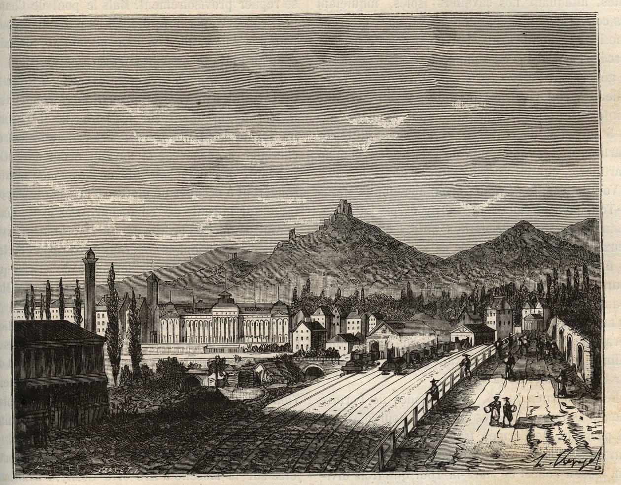 Frankrike, Alsace, Bas-Rhin (67), Saverne: Banks of the Zorn, det gamla Chateau du Haut Barr byggt på klipporna - gravering i "Frankrike illustree: geografi, historia, statistisk administration" av V.A. Malt-brunt. 1884 av French School