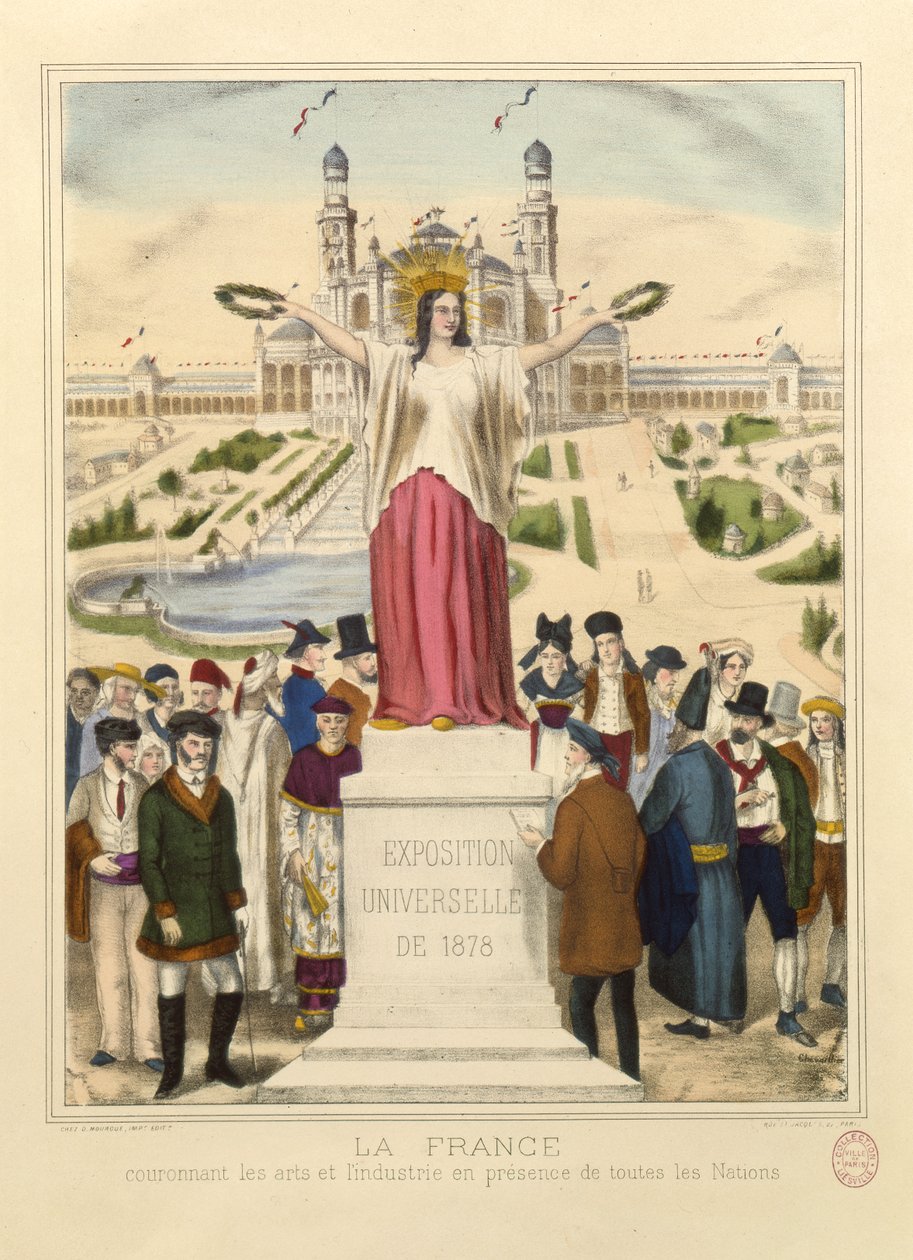 Frankrike kröner konsten och industrin med lagerkransar vid Exposition Universelle 1878 i Paris av French School