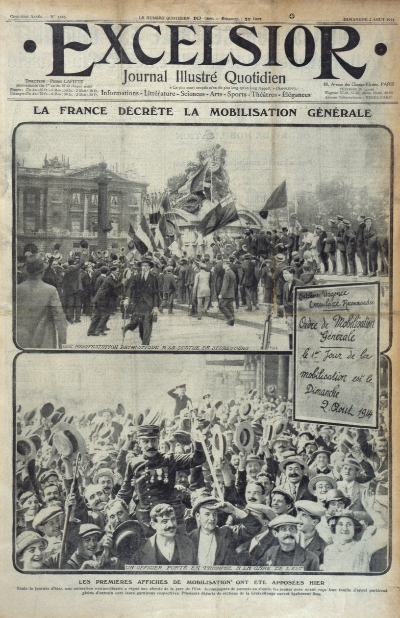 Frankrike förklarar allmän mobilisering den 2 augusti 1914, omslagsillustration av Excelsior söndagen den 2 augusti 1914 av French School