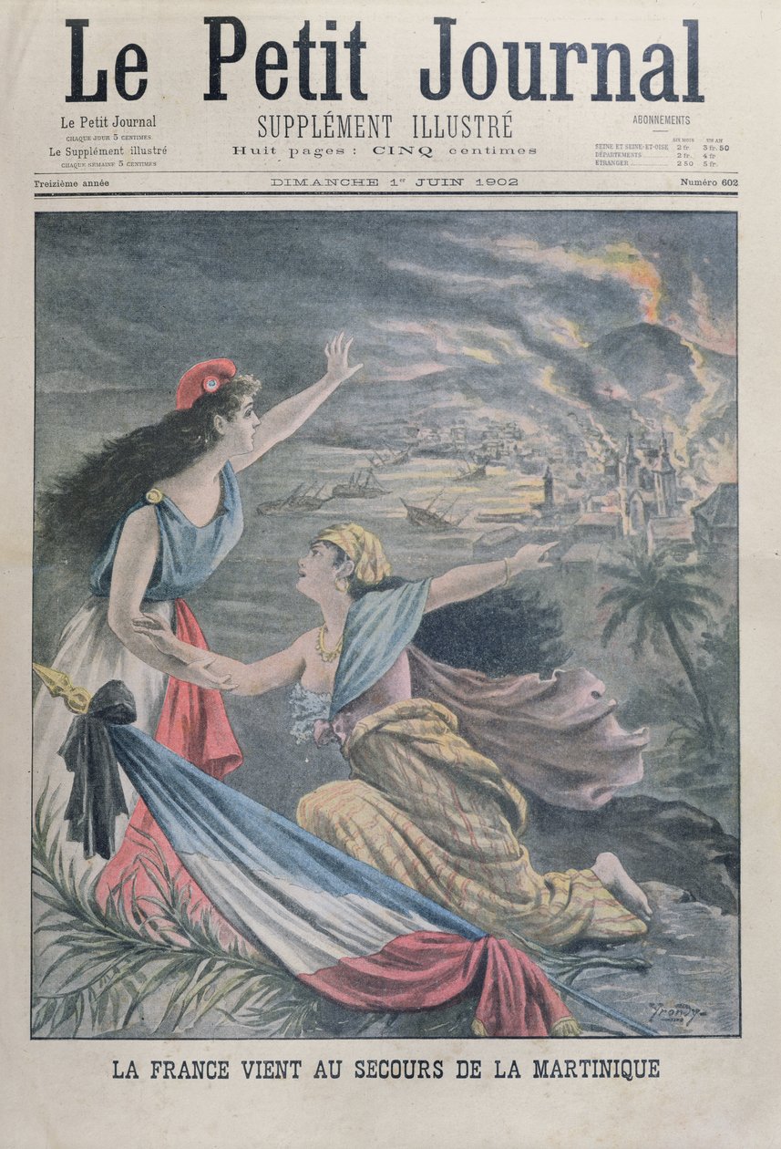 Frankrike hjälper Martinique efter vulkanutbrottet, Montagne Pelee, på Martinique, från Le Petit Journal, 1 juni 1902 av French School