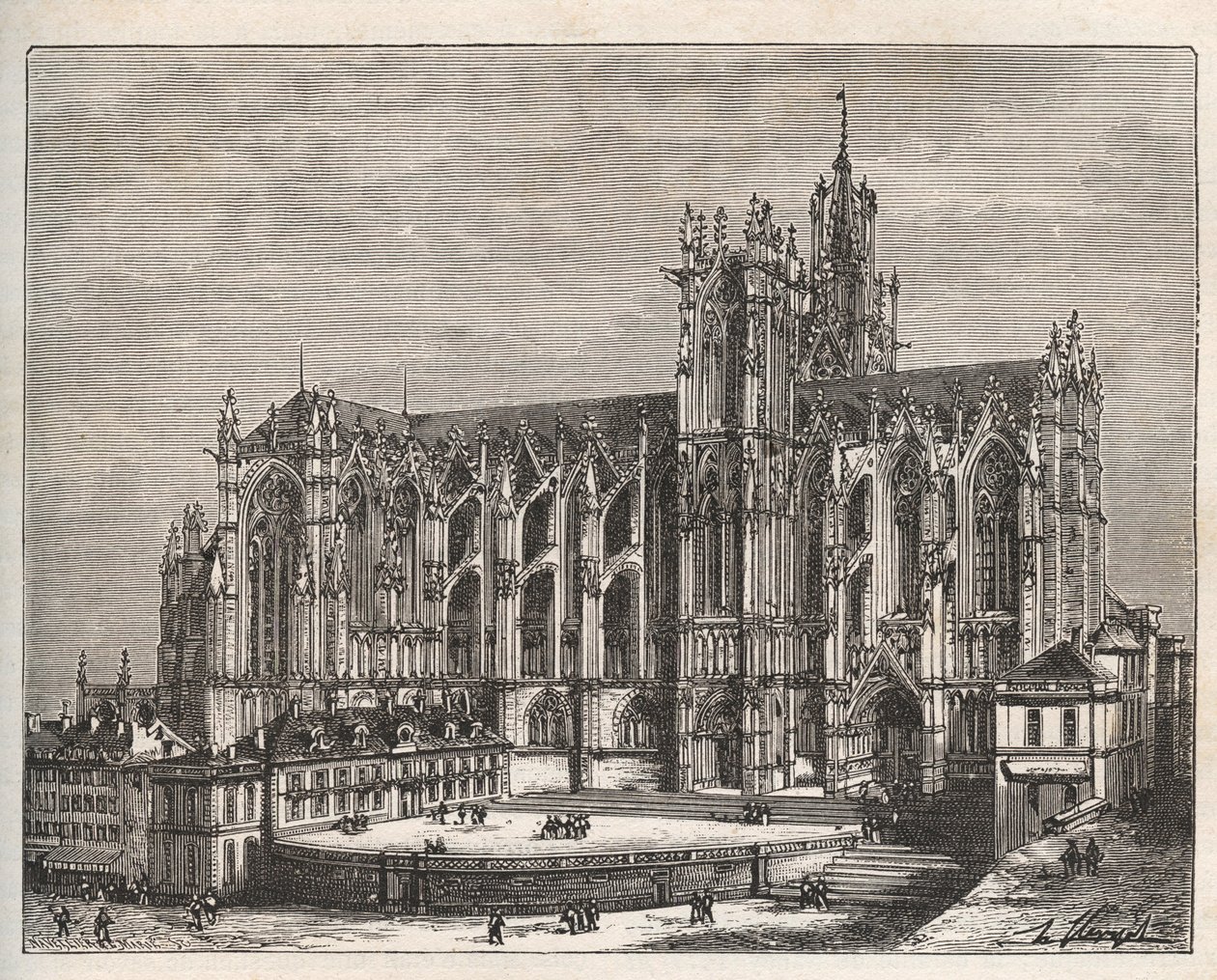 Frankrike, Lorraine, Mosel (57), Metz: Saint Etienne de Metz katedral - gravyr i "La France illustrée: geografi, historia, statistisk administration" av V.-A. Maltbrunt. 1884 av French School