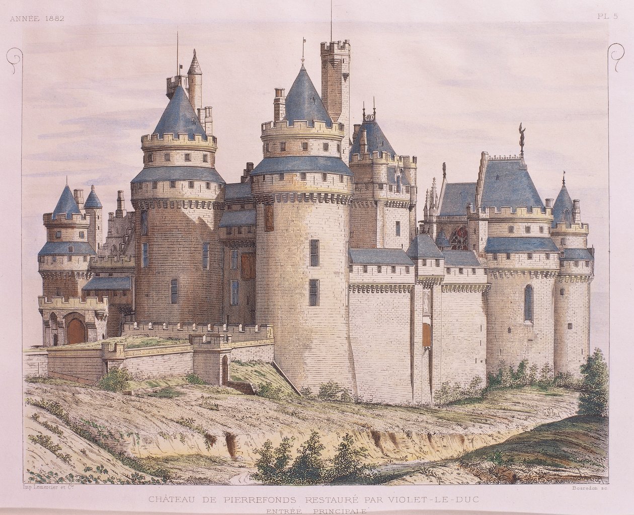 Frankrike, Pierrefonds medeltida slott, restaurerat av Violet le Duc från Moniteur des Architectes, gravyr av French School