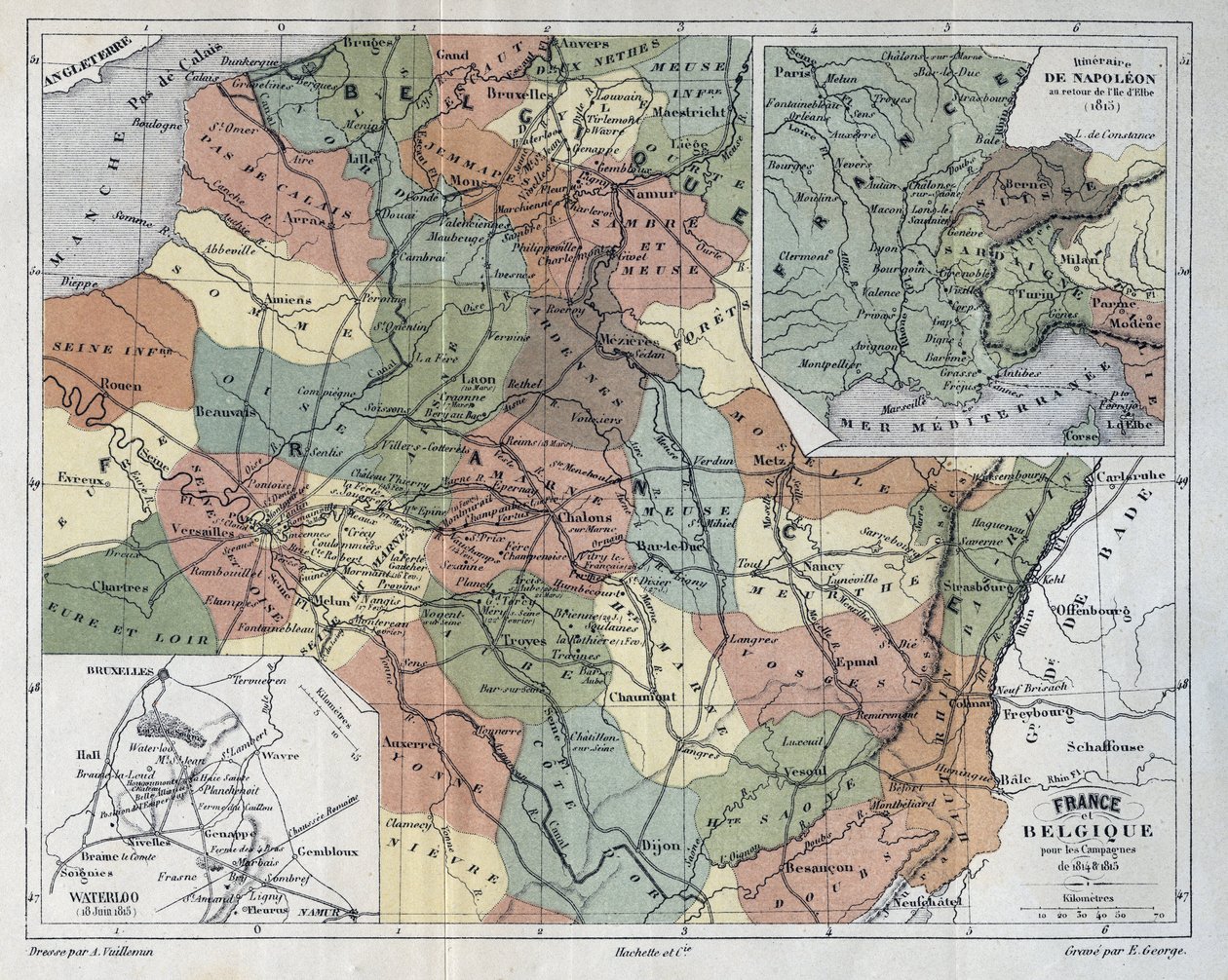 Frankrike och Belgien för kampanjen 1814-1815 - gravyr i "Histoire de France" av Victor Duruy (1811-1894) - 1882 av French School