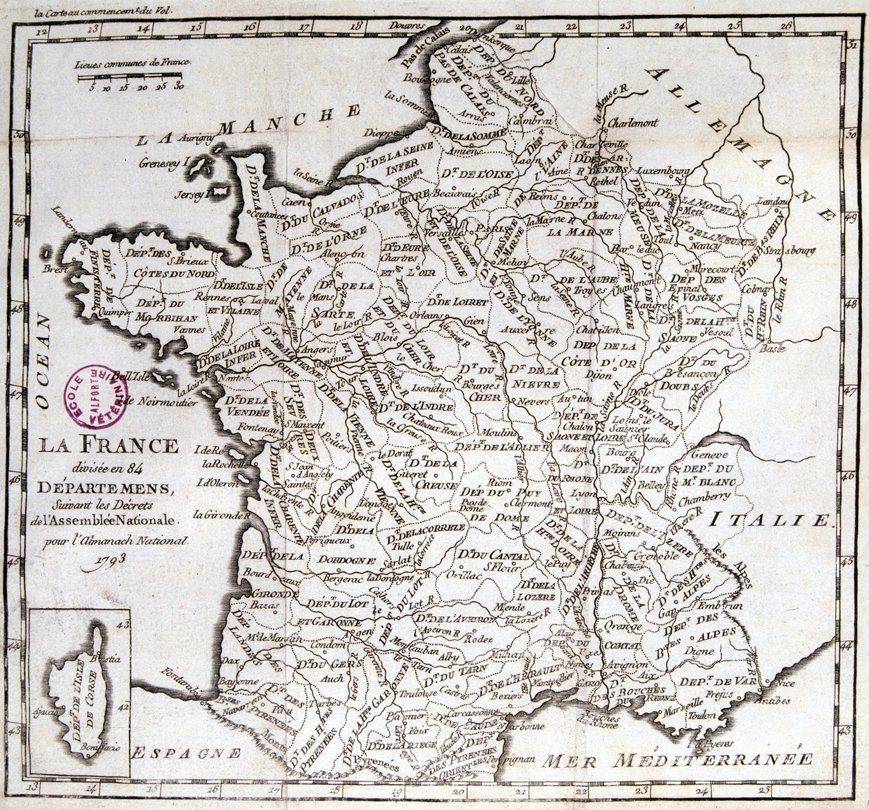 Frankrike delas in i 84 departement efter dekreten från nationalförsamlingen 1793 av French School