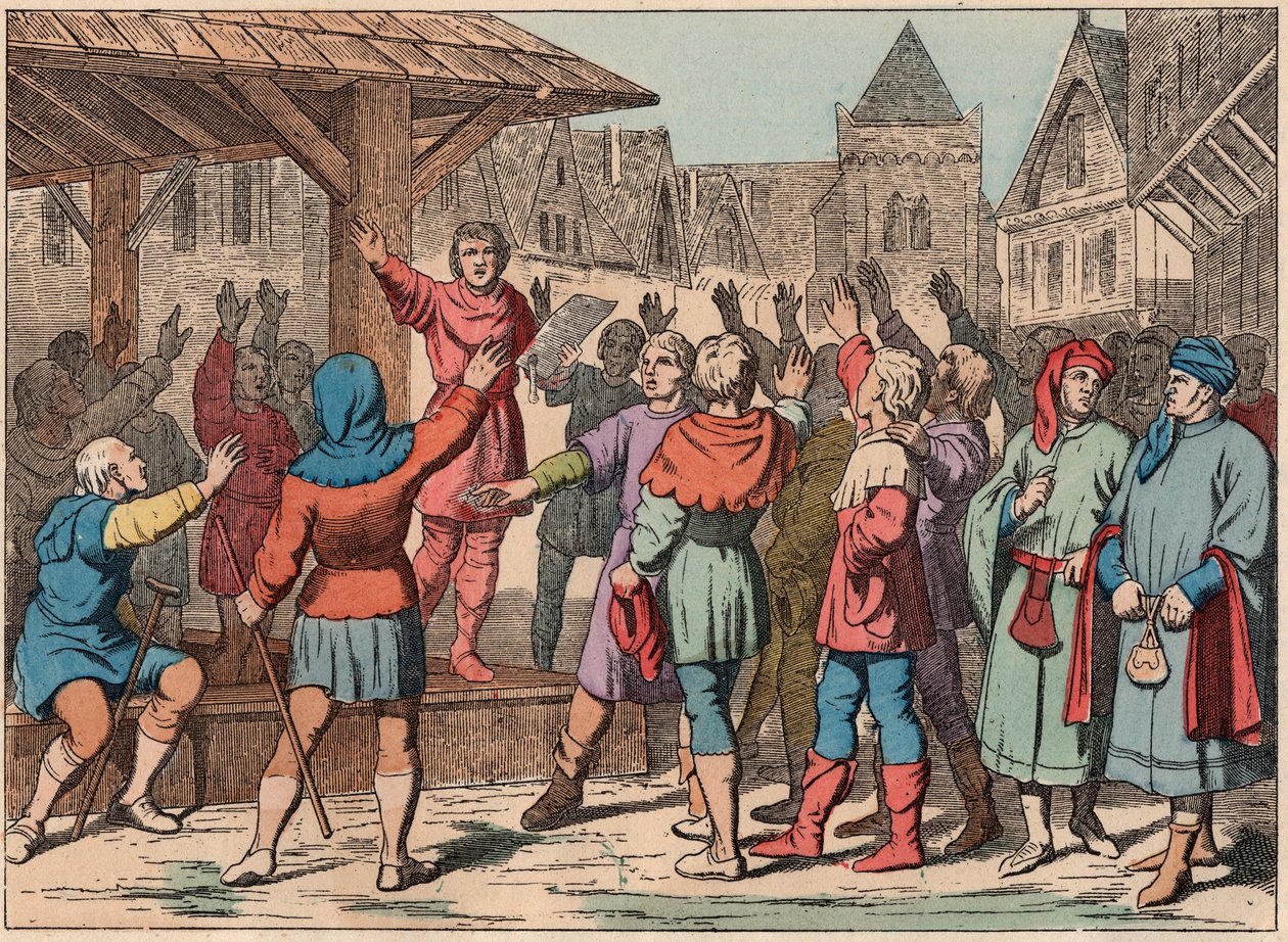 Frankrike under medeltiden: kommunerna - Gemensam stadga - Ed - Gravyr från slutet av 1800-talet i "" Nos Gires Nationales - Images et recits"" av French School