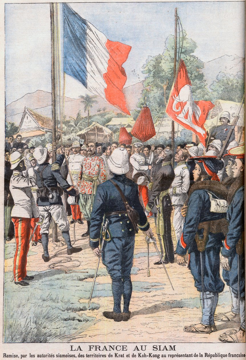 Frankrike tar över territorierna Krat och Koh-Kong, Siam efter fördraget från 1904 som överenskommits mellan siameserna och fransmännen, illustration från 