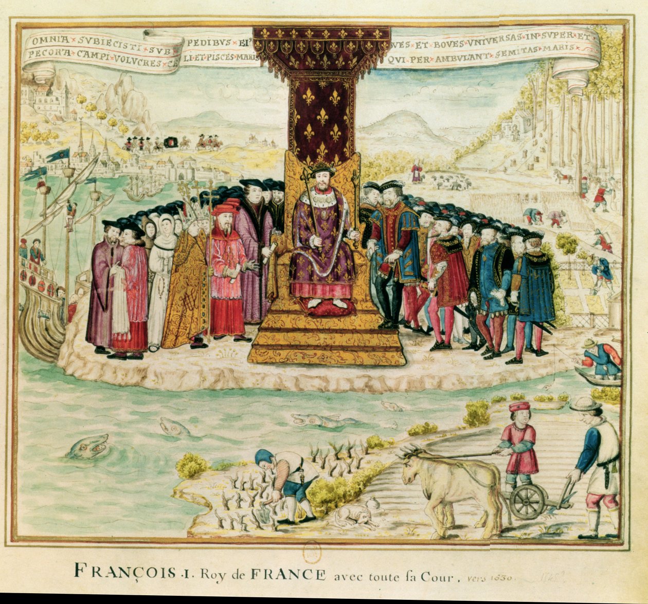 Franciskus I (1494-1547) omgiven av sitt hov, ca 1630 (wc på papper) av French School