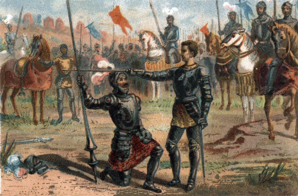 Frans I av Frankrike begär att bli adlad av Chevalier Bayard efter seger i slaget vid Marignano, Italien av French School