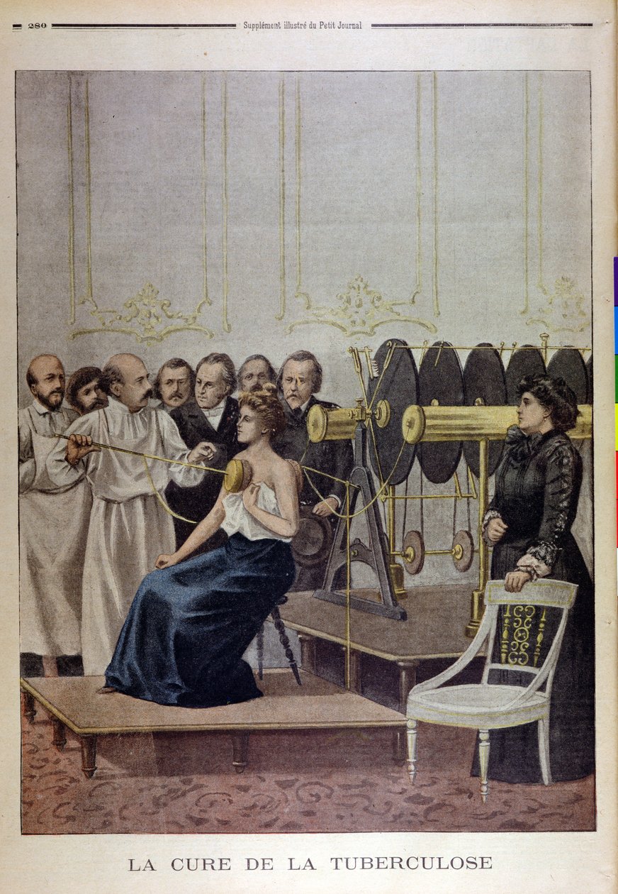 Francisque Crotte behandlar en patient med tuberkulos med hjälp av elektricitet, från Le Petit Journal, 1901 av French School