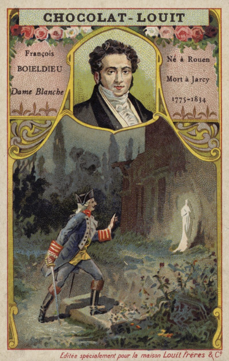 Francois-Adrien Boieldieu, fransk kompositör, och en scen ur hans opera La Dame Blanche (chromolitho) av French School