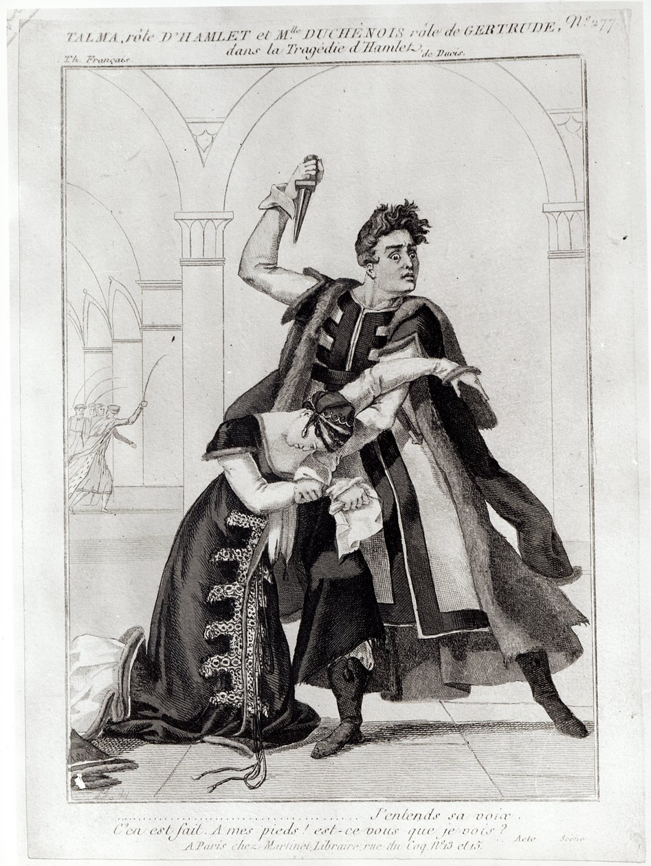 Francois-Joseph Talma (1763-1826) som Hamlet och Mademoiselle Duchenois som Gertrude, i Shakespeares "Hamlet" bearbetad av Jean-Francois Ducis, efter 1769 av French School