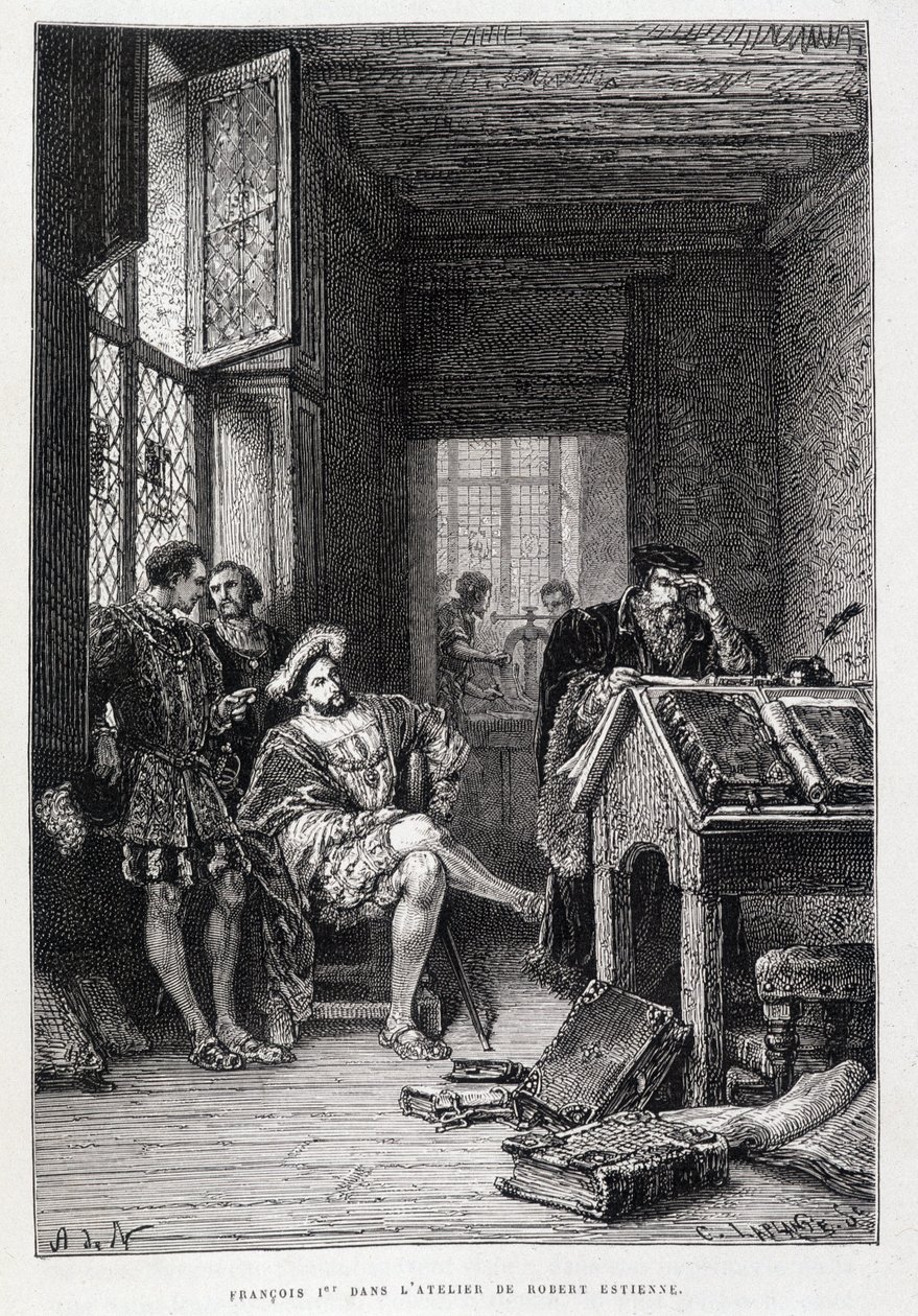 Francois 1:a i Robert Estiennes ateljé - gravyr av French School
