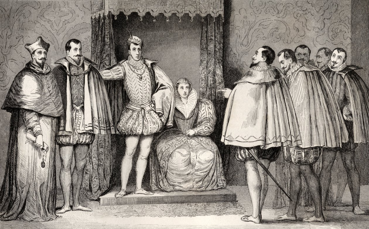 Francois II (1544-60) säger till parlamentsdeputerade att hertigen av Guise och kardinalen kommer att styra staten, ur "Histoire de France" av Colart, publicerad omkring 1840. av French School