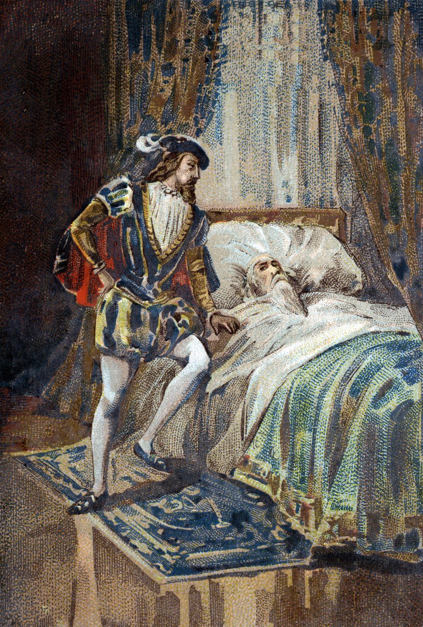 Francois I, kung av Frankrike, tar emot Leonard de Vincis (Leonardo da Vinci) sista suckar i Clos Luce. Kromolitografi omkring 1890. av French School