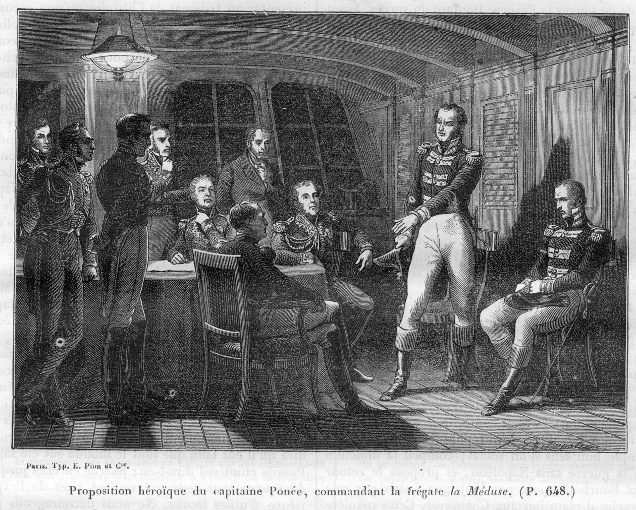 Francois Ponee II (1775-1863), befälhavaren för La Meduse, Napoleonic fidele, erbjuder kejsaren att kämpa ensam Le Bellerophon - i "History of the empire following the history of the consulat"" av Adolphe Thiers -1879 - privat samling av French School