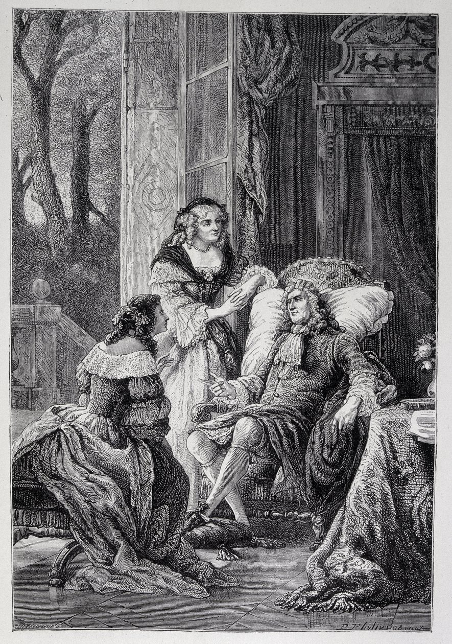 Francois de la Rochefoucauld (1613-1680) pratar med Mademoiselle de Sevigne (Marie de Rabutin-Chantal), Marquise de Sevigne dit Madame de Sevigne (1626-1696) och Marie-Madeleine (Marie Madeleine) Pioche de La Vergne, grevinna av La Vergne (Madam av F av French School