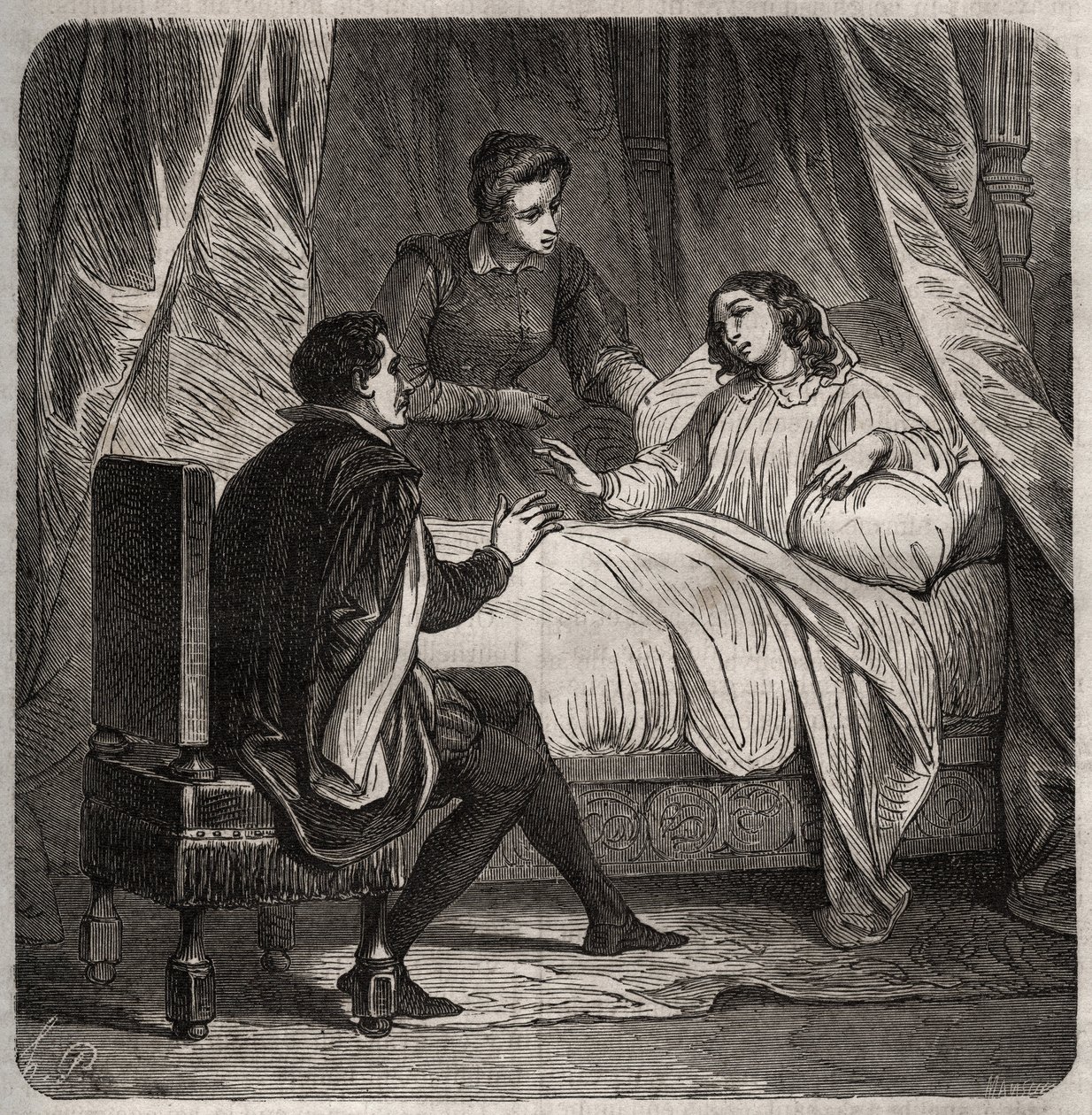 Francoise de Foix, grevinna av Chateaubriant (ca 1495-1537), sjuk, tar emot Clement des Marets dit Marot (1496-1544), betjänten av Francois 1:a, i sängen. Gravyr från 1871 i "Histoire Des Cocus Celebres"" av Henry de Kock (1819-1892). av French School