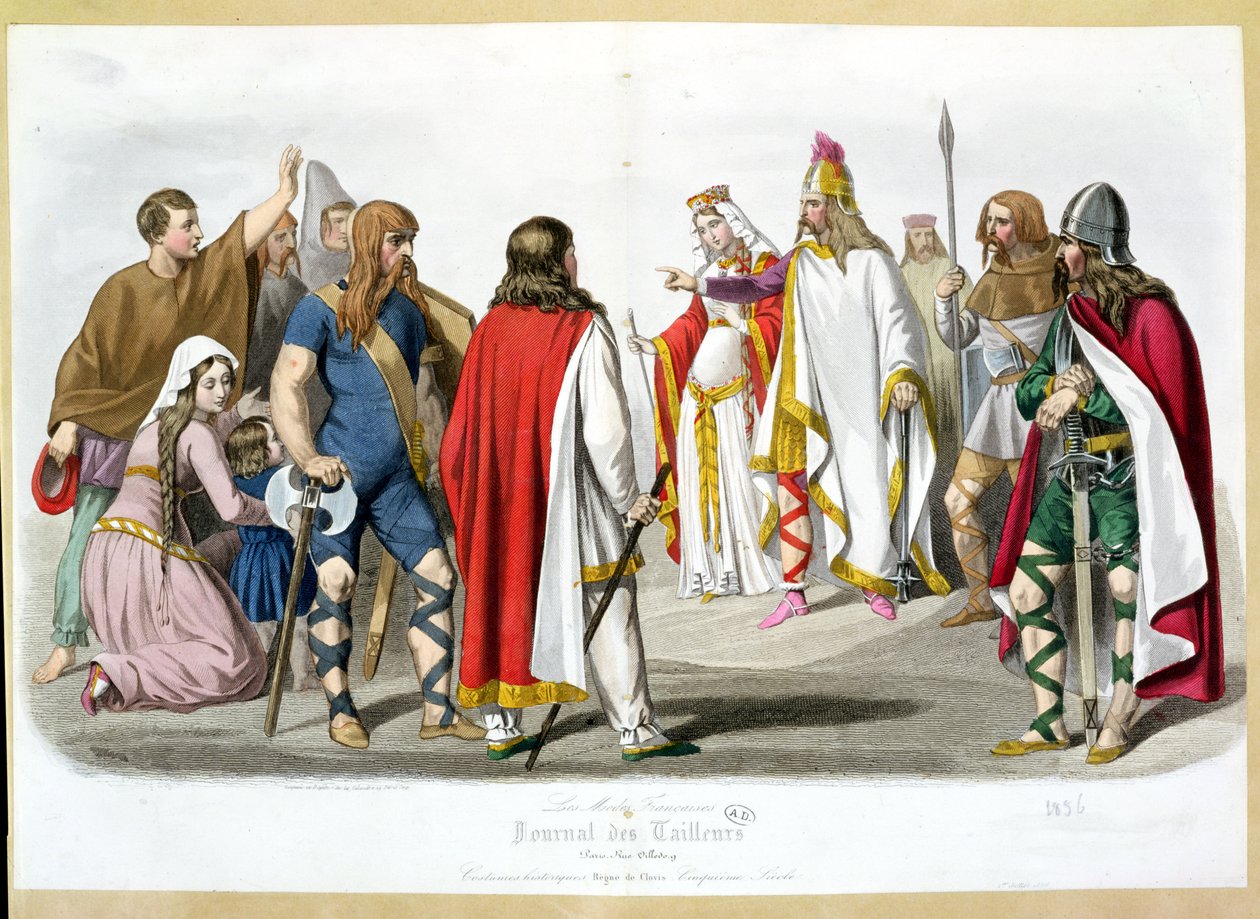 Frankiska och merovingerkostymer, historisk modetallrik från Les Modes Francaises - Journal des Tailleurs, 1836 av French School