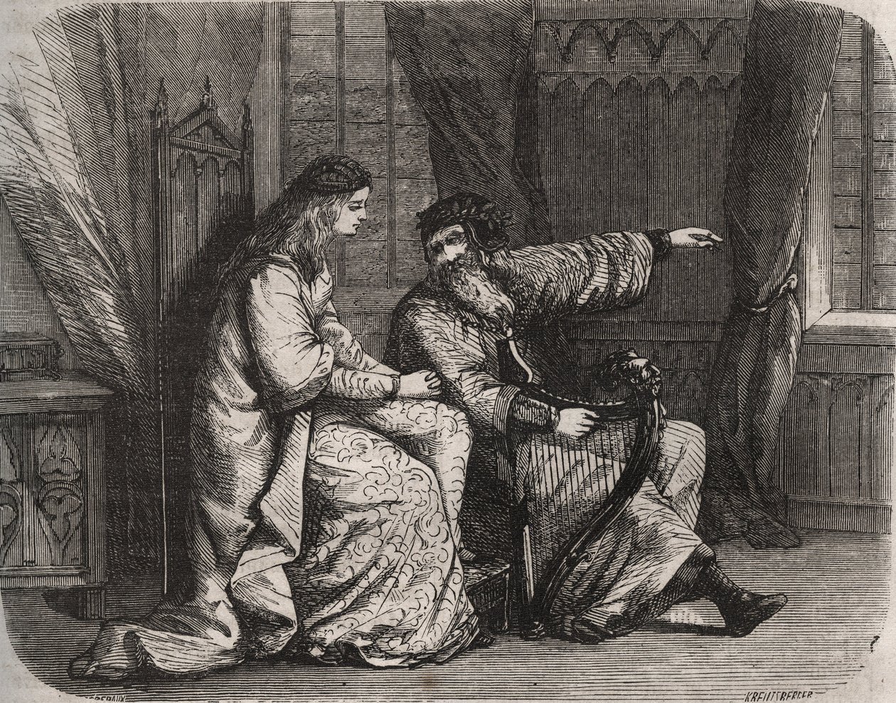 Fredegonde (545-597) anförtror harpspelaren Barbantini sina bekymmer eftersom hans älskare Chilperic (då kungen av francen Chilperic I (543-597), inte gifte sig med honom. 565. Gravyr från 1871 i "Histoire Des Cocuses Celebres" av Henry de Kock (1819-1892 av French School