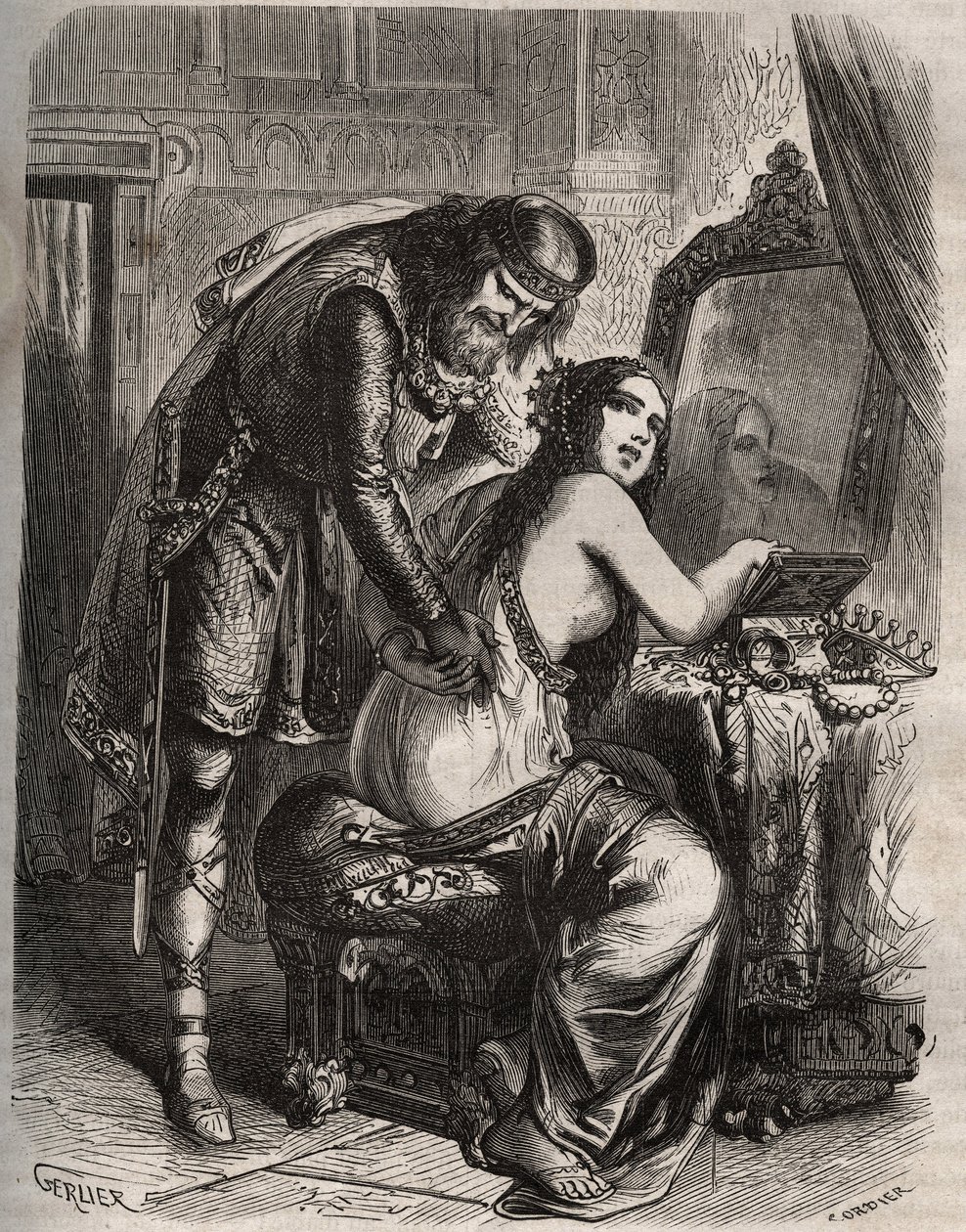 Fredegonde (545-597) tar sin man, franckungen Chilperic I (543-597), för sin älskare, Landeric. Kungen upptäcker när hans fru är otrogen mot honom. Gravyr från 1871 i "Histoire Des Cocuses Celebres"" av Henry de Kock (1819-1892). av French School
