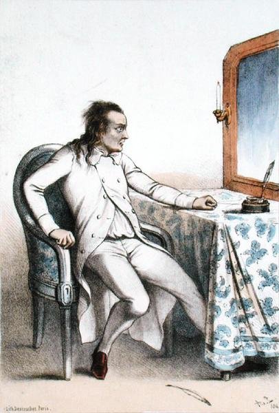Frederick Lemaitre (1800-76) i rollen som Georges Maurice från "La Dame de Saint-Tropez" på teatern de la Porte Saint-Martin (färglitografi) av French School
