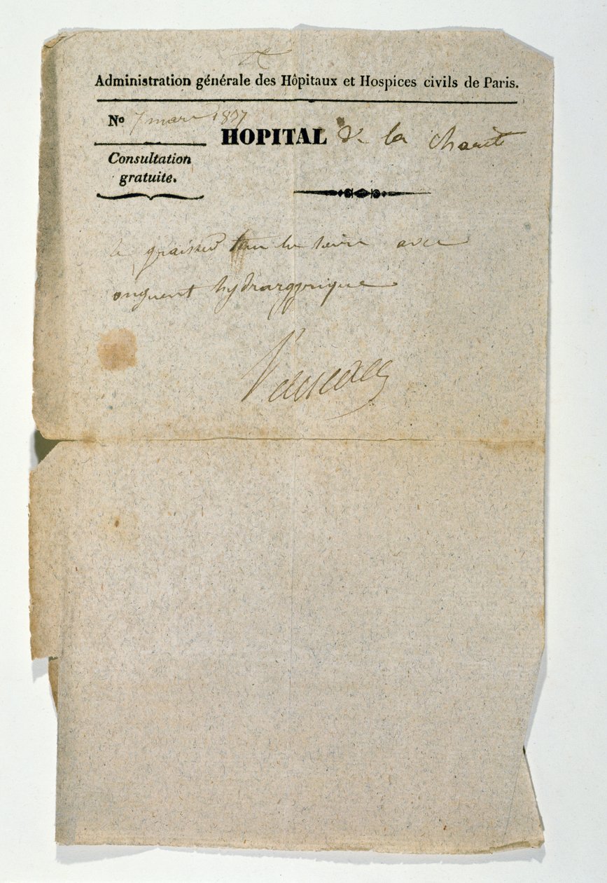 Gratis recept från Hopital de la Charite, Paris, 7 mars 1837 av French School