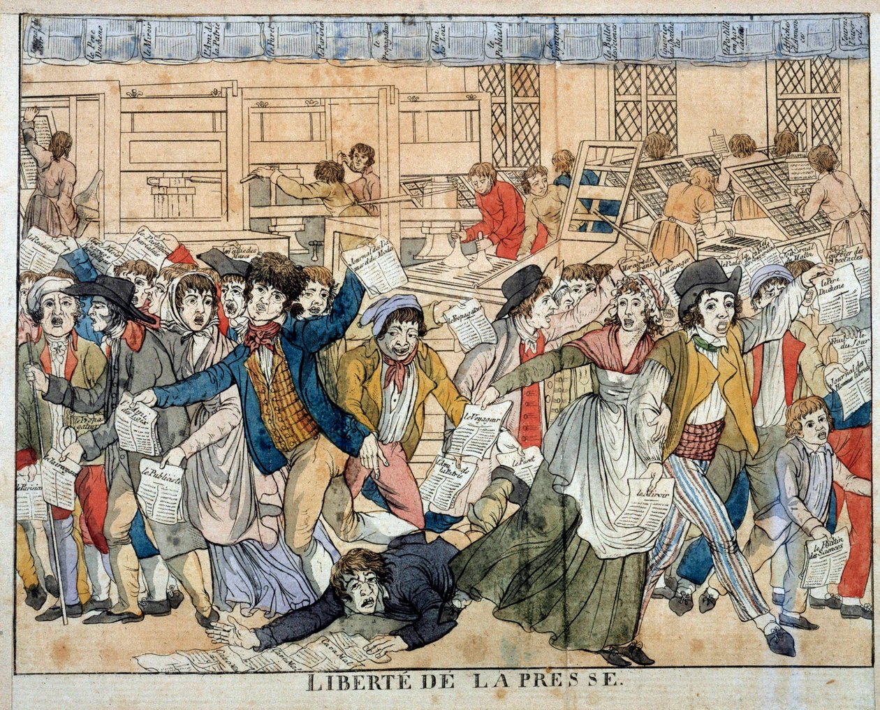 Pressfrihet under den franska revolutionen: Artikel 10 i förklaringen om de mänskliga rättigheterna (26/08/1789). Artikel 10, som föreskriver åsiktsfrihet, leder till den anarkistiska födelsen av alla typer av press. Gravyr från 1700-talet av French School