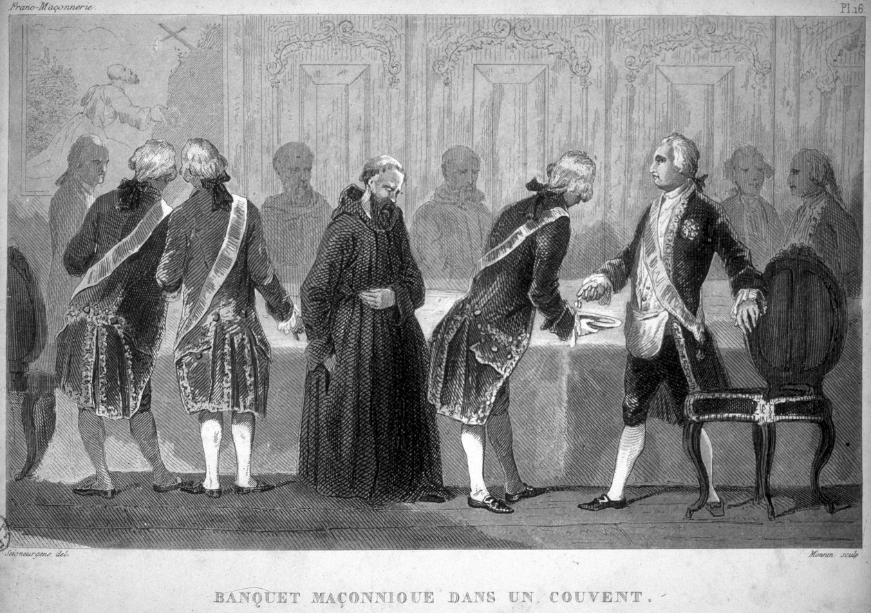 Friköp: Maconnisk bankett i ett kloster. Gravyr från "Picturesque Histoire de la Franc Maconnerie et des Societes Secretes antique et modernes" av F.-T. B. Clavel. Pagnerre, redaktör. 1843. av French School