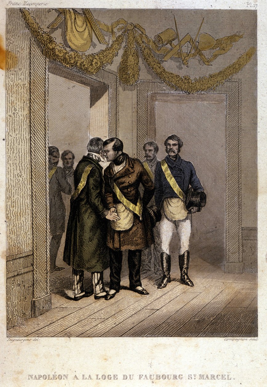 Freemaking: Napoleon Joseph Charles Paul Bonaparte, med smeknamnet Prince Jerome eller Plonplon identifieras vid ingången till Faubourg Saint Marcel-templet. Gravyr från "" pittoresk historia om frimureriet och antika hemliga sällskap av French School