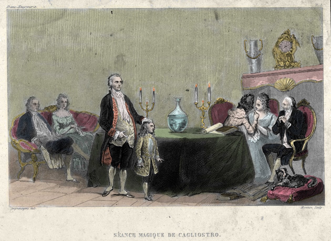 Freemaking: Seance of magic av Giuseppe Balsamo, känd som Alexander, greve av Cagliostro (1743 - 1795). Gravyr från "Picturesque History of Freemasonry and Old and Modern Secret Societies" av F.-T. B. Clavel. Pagnere, redaktör av French School