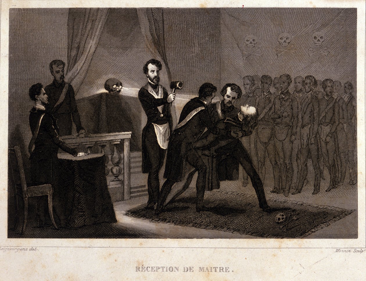 Freemaking: Mästarens mottagnings- och initiationsrit. Gravyr från "Picturesque Histoire de la Franc Maconnerie et des Societes Secretes antique et modernes" av F.-T. B. Clavel. Pagnerre, redaktör. 1843. av French School