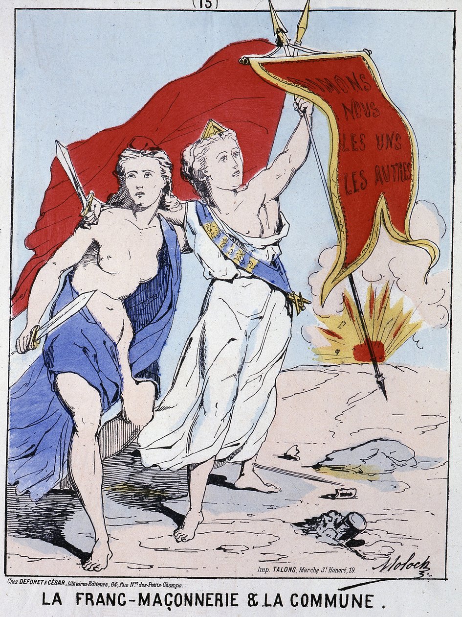 Frimureriet och kommunen: en kvinna som symboliserar frimureriet viftade med en flagga med inskriptionen "Låt oss älska varandra"" av French School