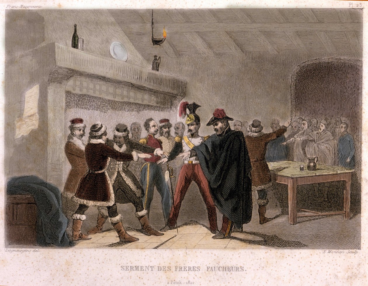 Frimureriet: brödernas skördemäns ed i Potok 1821. Gravyr från "" Pittoreska Histoire de la Franc Maconnerie et des Societes Secretes antique et moderne" av F.-T. B. Clavel. Pagnere, redaktör. 1843. av French School