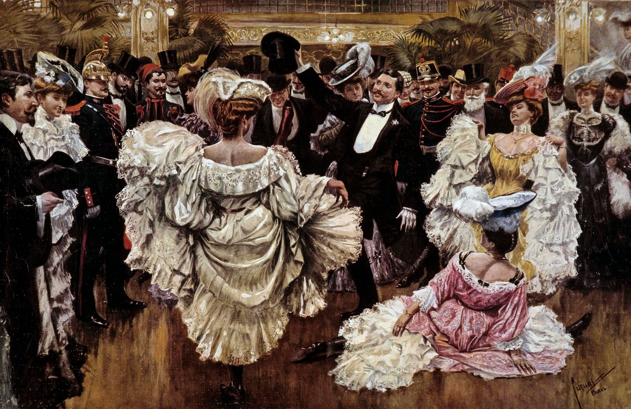Franska Cancan-dansare under en föreställning på en kabaré, början av 1900-talet (tryck) av French School