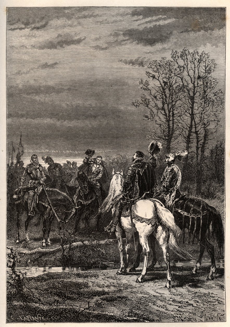 Franska religionskrigen - Oktober 1569 Religionskrig - Samtalen före slaget vid Moncontour (Henri, hertig av Anjou framtida Henrik III och Gaspard II av Coligny - Slaget vid Moncontour (oktober 1569) - gravyr från "" Frankrikes historia berättade till av French School