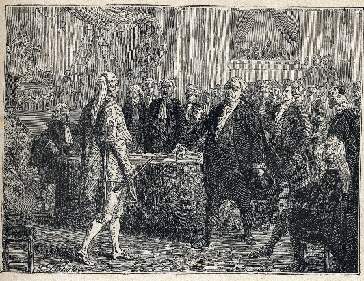 Franska revolutionen - Generalförsamling den 23/06/1789: Honore Gabriel (Honore-Gabriel) Riqueti, greve av Mirabeau (1749-1791) tilltalar Henri Evrard (Henri-Evrard), markis av Dreux Breze (Dreux-Breze) (1762- 1829). Gravyr från 1889. Privat samling. av French School