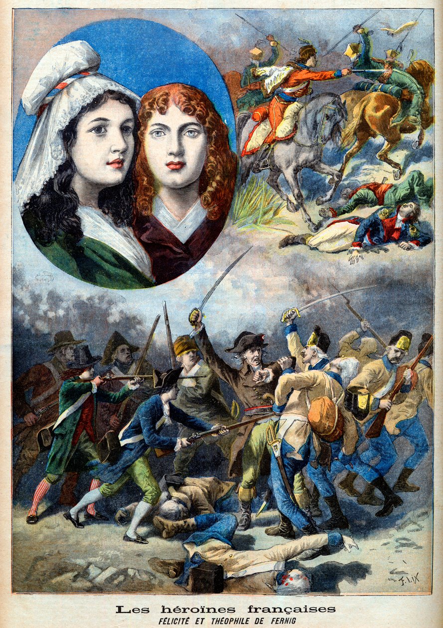Franska revolutionen - De franska hjältinnorna: systrarna Felicite (1770-1841) och Theophile (1875-1819) av Fernig som kämpade utklädd som man mot österrikarna för att titta på deras far 1792 - illustration från "Le Petit Journal" den 7 augusti 1894 av French School