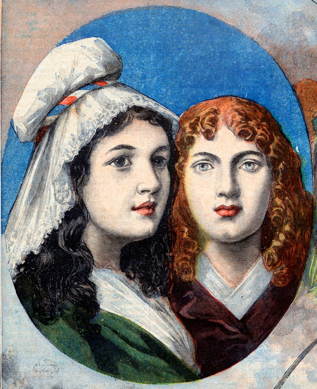 Franska revolutionen - De franska hjältinnorna: systrarna Felicite (1770-1841) och Theophile (1875-1819) av Fernig som kämpade utklädd som man mot österrikarna för att titta på deras far 1792 - illustration från "Le Petit Journal" den 7 augusti 1894 av French School