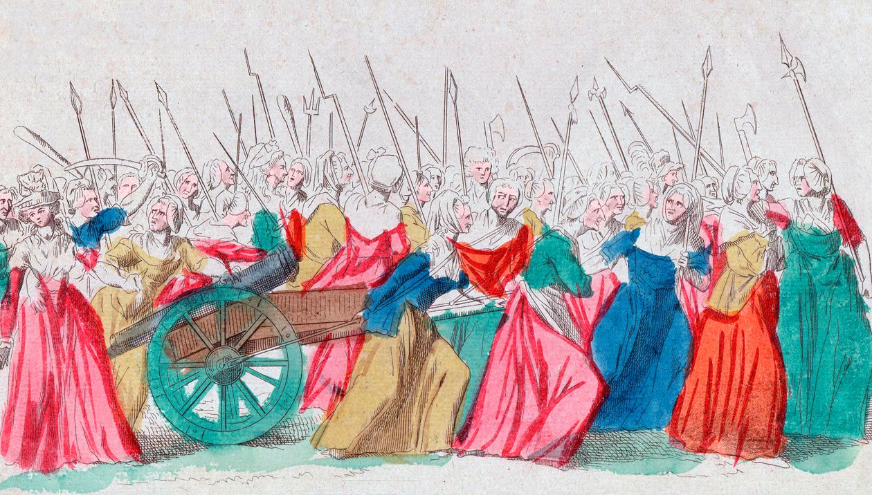 Franska revolutionen: "" A Versailles, a Versailles"" La marche des femmes sur Versailles 5/10/1789 (Marsch av kvinnorna på Versailles, Paris, 5 oktober 1789 av French School