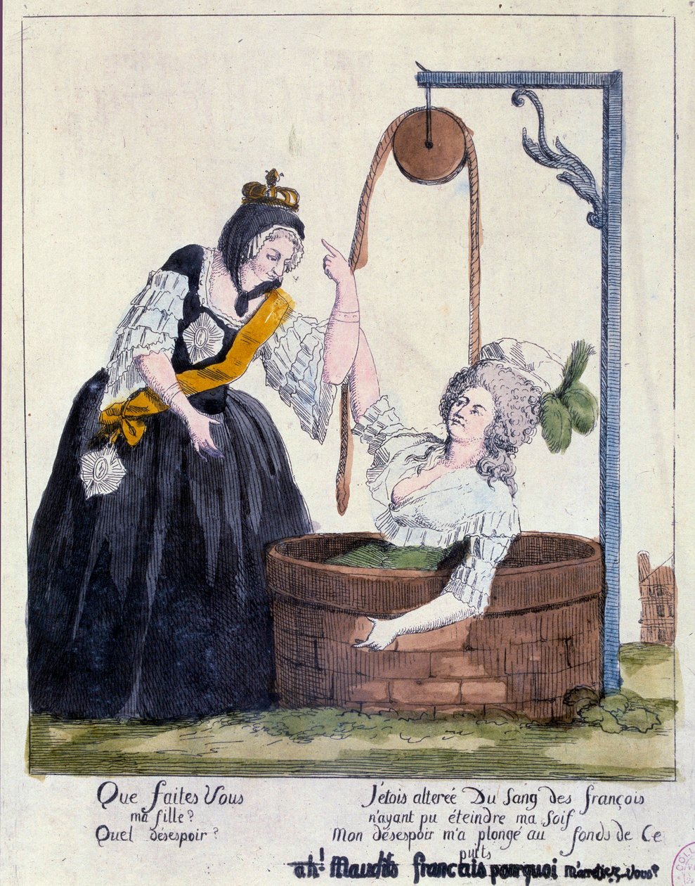 Franska revolutionen: Tecknad film mot drottning Marie Antoinette (1755-1793) föll till botten av en brunn för att hon ville släcka sin törst efter franskt blod. 1700-talet. Paris, B.N. av French School