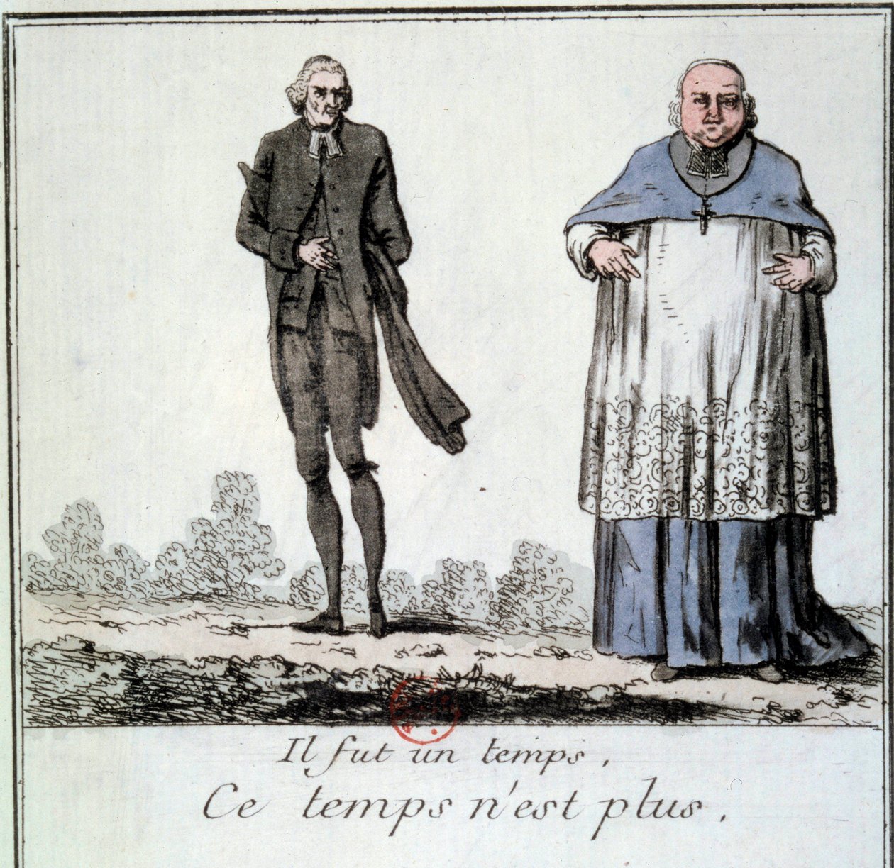 Franska revolutionen: Tecknad serie om försvinnandet av tjänstemannens privilegier som representerar en mager präst och en korpulent och fet eveque från tiden för den gamla regimen. Gravyr från 1790. Paris, Arsenals bibliotek av French School
