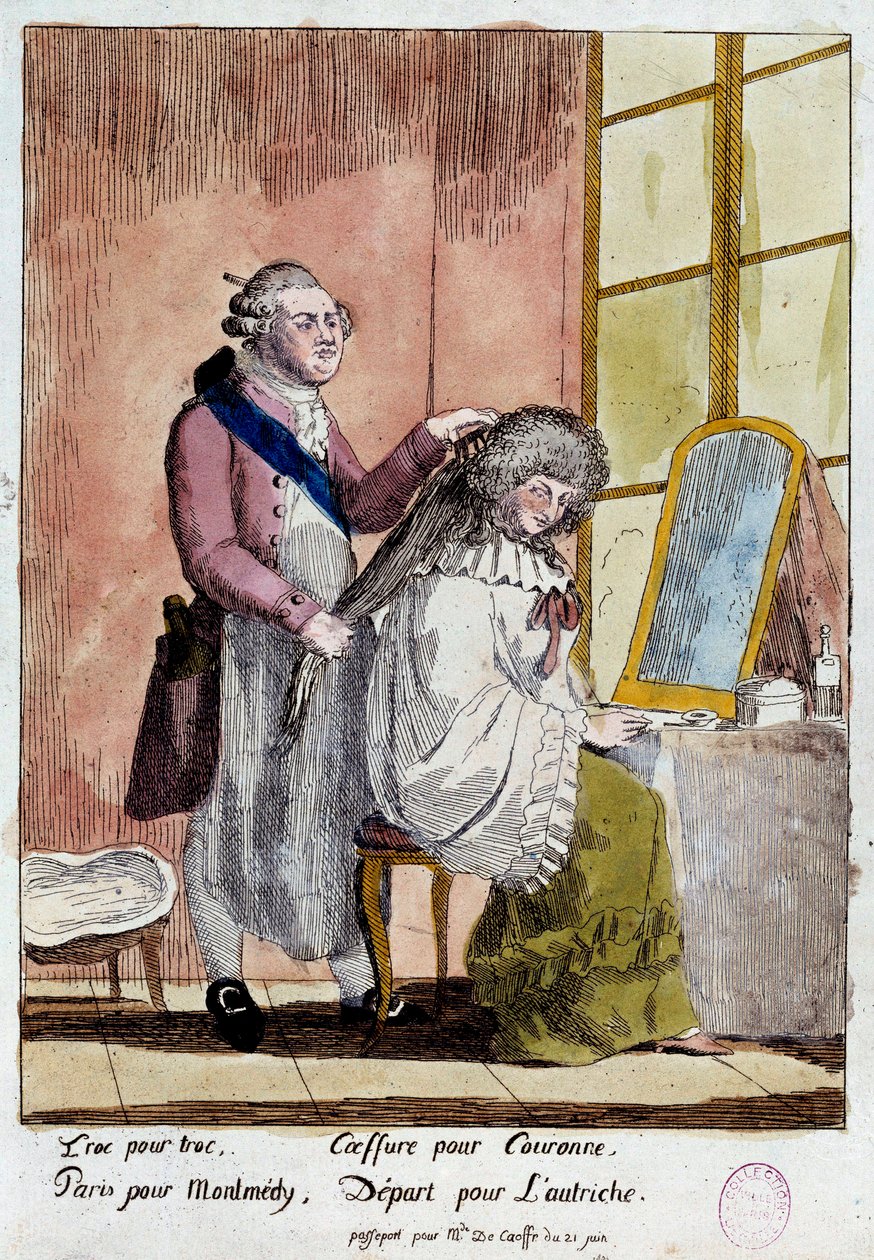Franska revolutionen: Tecknad film om kungafamiljens flygresa till Varenne den 20 och 21/06/1791: Kung Ludvig XVI:s drottning Marie Antoinette skulle resa med det falska passet som guvernant för barnen till baronessan av Korff. Anonym färg av French School