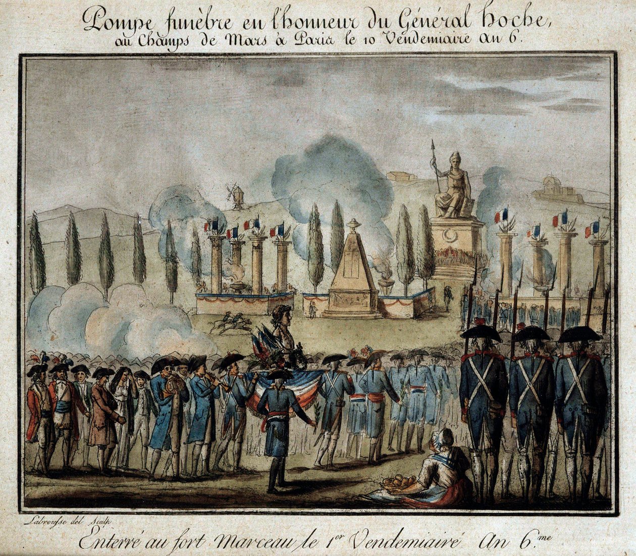 Franska revolutionen: "" Ceremoni för funebre pump till ära av general Lazare Hoche (1768-1797) på Champs de Mars i Paris den 10:e fredagen år 6"" Gravyr av 1797. Versailles, Lambinet museum av French School