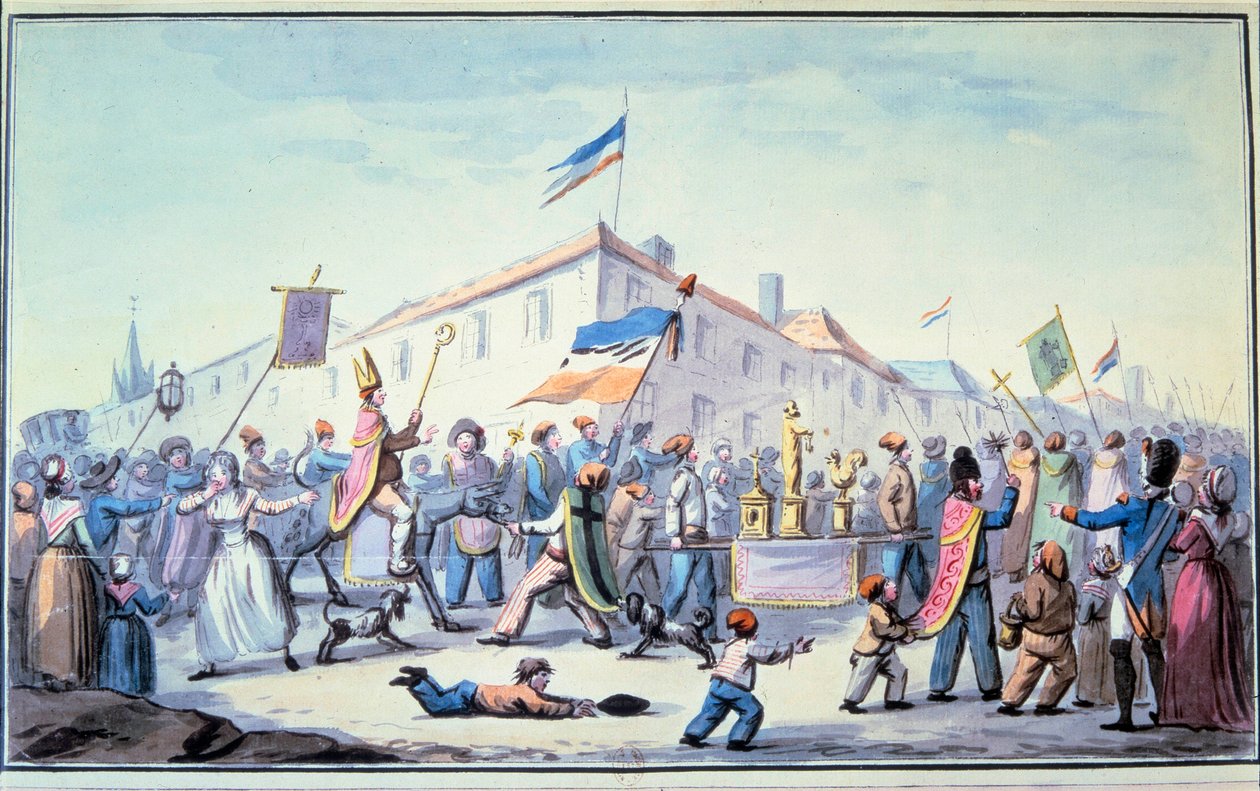 Franska revolutionen: "" Bildad maskerad av folket klär sig i prästerliga kläder"". Anonym akvarell. 1793. Paris, L