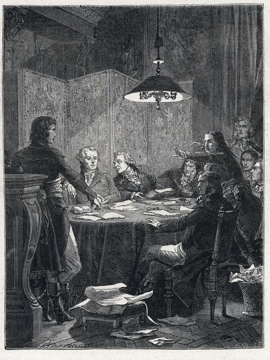 Franska revolutionen: Möte för den offentliga frälsningskommittén, en revolutionär regering som inrättades av Nationalkonventet 1793. av French School