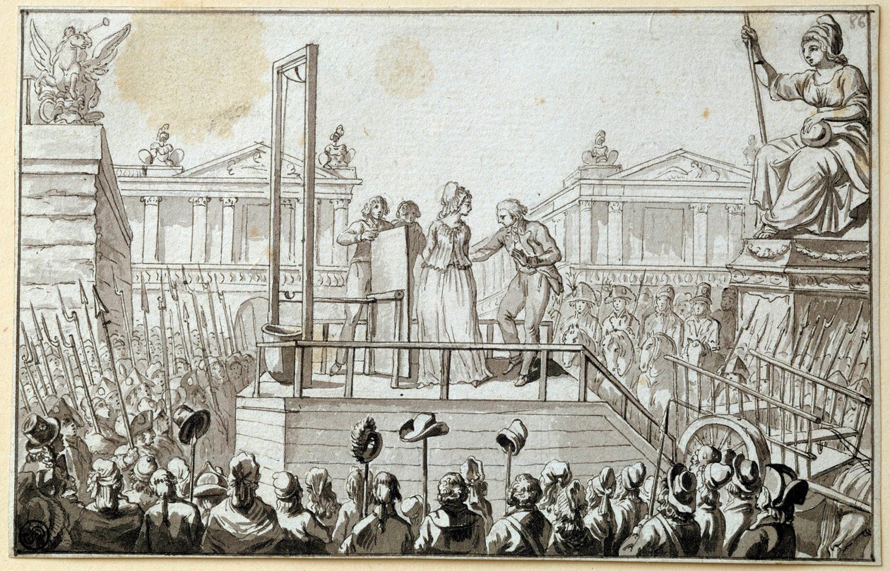 Franska revolutionen: "Drottning Marie-Antoinette (1755-1793) på schavotten i oktober 1793" Teckning med anonymt svart bläck. 1793 Sol. 0,096x0,15 m. Paris, Louvrens museum av French School