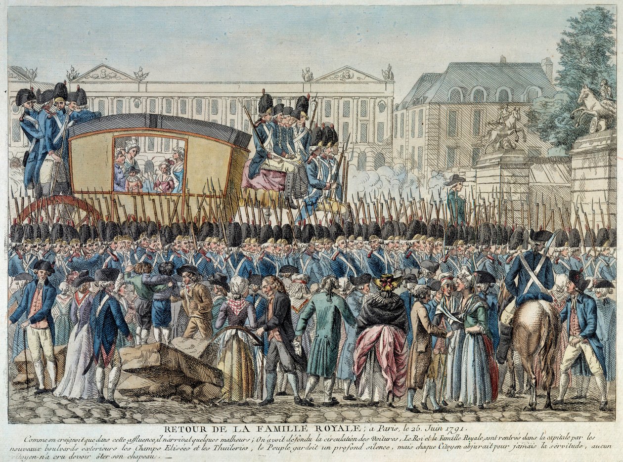 Franska revolutionen: "Kungafamiljens återkomst till Paris den 25/06/1791" Kortegen korsar Place de la Concorde. Gravyr från den franska skolan i slutet av 1700-talet. Paris Musée Carnavalet av French School